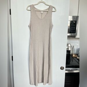 Cream Ribbed Sleeveless Sheath Midi Dress